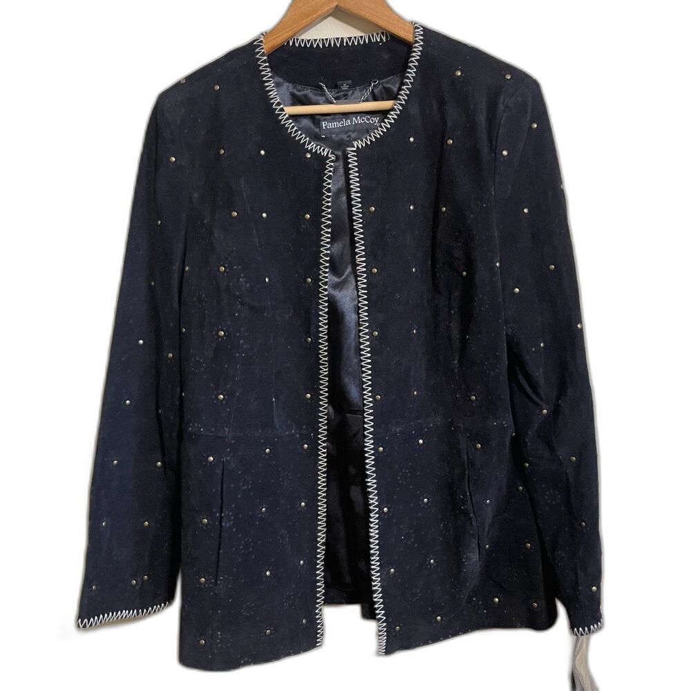 Pamela McCoy black leather suede jacket blazer Med contrast stitch perforated